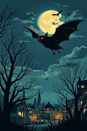 A Japanese manga-style illustration with flat, emotive colors. A flying bat is depicted in a mid-air shot, soaring through a Halloween night sky. The scene is framed with a wide angle, capturing the eerie atmosphere and the bat's dynamic movement. The lighting is moody, with deep shadows and glowing moonlight. The composition is dynamic, with the bat's wings spread wide, set against a backdrop of spooky trees and a full moon.