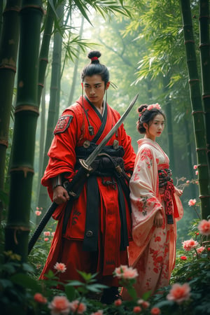 A red samurai standing tall in a bamboo forest, wielding a katana, with a Japanese girl beside him in a kimono adorned with pink flowers. The scene is framed with the bamboo stalks towering around them, soft sunlight filtering through, casting dappled shadows. The composition highlights the dynamic pose of the samurai and the serene expression of the girl, surrounded by lush greenery and delicate pink blossoms.