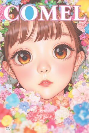 captivating magazine cover for COMEL featuring a pretty anime version of a character. Close-up shot of her face, with large expressive eyes and a cute expression. Soft pastel colors, with a whimsical background. The composition is balanced, with her looking directly at the camera. The cover design is vibrant and engaging, capturing the charm and appeal of the anime style.