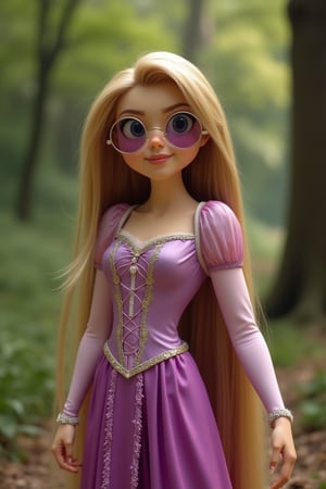 Rapunzel wearing round-shaped sunglasses, standing with a confident and playful expression, the shot framed from the waist up, soft natural lighting, the composition centered on Rapunzel with the sunglasses reflecting a serene forest background, the outfit blending her iconic long hair and gown with a modern twist, creating a stylish and adventurous atmosphere.