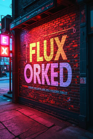 A mixed media scene featuring a brick wall with the words FLUX ORKED written on it, framed mid-shot with urban, ambient lighting. The wall is located at a city corner, with surrounding buildings and street elements adding depth. The composition blends digital and traditional elements, with bold colors and dynamic textures.