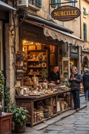 A quaint, small, old shop in an old town, cobblestone streets, wooden sign hanging above the entrance, warm, golden sunlight filtering through the windows, interior filled with vintage items, the shopkeeper standing behind a wooden counter, smiling warmly, a customer browsing through antique wares, soft, ambient lighting, cozy atmosphere, detailed textures, wide-angle shot capturing the entire shop and street scene.