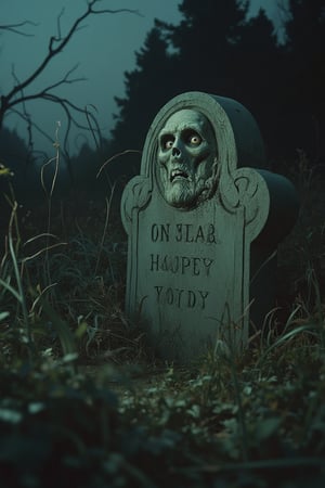 Photo-realistic 60's style of a gloomy scene featuring an abandoned tombstone with creepy engravings, dimly lit with shadows cast by a single light source. The tombstone is surrounded by tall, twisted grass and thick underbrush. Close-up shot, low-key lighting, emphasizing the eerie atmosphere. The tombstone's face is partially obscured by shadows, its eyes wide and unsettling. The scene is filled with dark, foreboding elements, adding to the chilling mood.