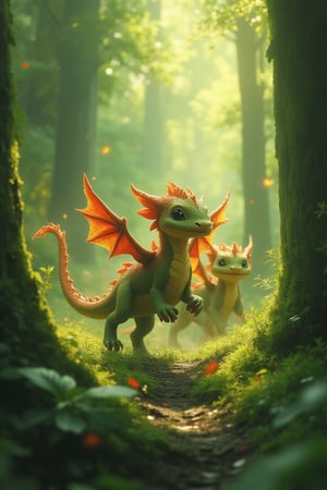 A group of playful baby dragons frolic in a lush, enchanted forest, their tiny wings fluttering as they chase each other among the towering trees. The scene is bathed in soft, dappled sunlight, casting playful shadows on the forest floor. The baby dragons' scales glisten with a magical aura, and their innocent expressions are full of joy. The composition captures the dynamic energy and charm of the baby dragons in their natural habitat.