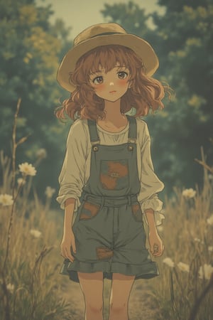 An anime scene with muted retro colors, featuring a girl dressed as a scarecrow. She stands with a playful posture, wearing a straw hat and patched clothing. The soft, warm lighting casts a nostalgic glow, emphasizing her whimsical expression. The composition captures her charming attire and the serene environment, with subtle details of the muted retro palette enhancing the scene's whimsical atmosphere.