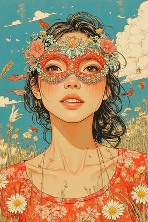 A vibrant scene in Yuko Shimizu's art style, featuring a pretty girl wearing a mask on a bright day. The framing captures her from the waist up, with her expressive eyes and the colorful mask prominently displayed. The lighting is bright and cheerful, reflecting the sunny day and her lively presence. The composition is centered on her, with her relaxed pose and the vibrant background creating a sense of optimism and beauty. The location is an open, sunny setting, with the girl's mask and radiant expression adding to the lively atmosphere.