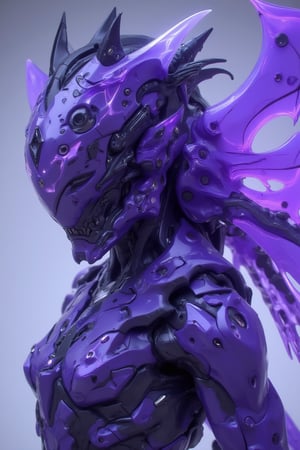 A close-up shot of a matte polycarbonate surface reflecting a translucent, purple armoured suit worn by a girl. The suit's intricate details and vibrant purple hue blend seamlessly with the reflective material. The lighting is soft and ethereal, highlighting the translucent elements and casting subtle shadows. The composition is centered, focusing on the girl's form within the armoured suit and the smooth, reflective surface.,BionicSkin,bladesxhan23