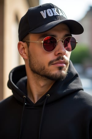 A man wearing round-shaped sunglasses, a hoodie, and a cap with VOKAB written on it, standing with a cool and confident pose, the shot framed from the waist up, natural sunlight highlighting his face, the composition centered on the man with the sunglasses reflecting a vibrant urban background, the outfit blending streetwear with a modern twist, creating a stylish and edgy atmosphere.