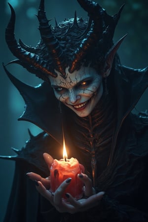 A close-up macabre scene of a Demon Queen with a cracked, menacing face, holding a Halloween candle close to her face. Her eyes glow with an intense blue light, contrasting with her dark, twisted horns. The composition is tightly focused on her face and the candle, capturing the intricate details of her cracked skin and sharp features. The candle's flickering light casts eerie shadows on her face, adding to the haunting atmosphere. The background is blurred, creating a sense of depth and isolation. Her expression is one of intense malevolence, with a subtle, eerie smile.