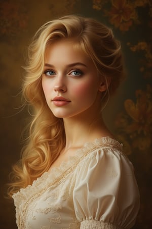 A Jules style portrait of a beautiful woman with long, flowing blonde hair, wearing an elegant Victorian dress. The image is framed in a medium shot, capturing her full figure and intricate dress details. Soft, warm lighting enhances her features, with a subtle background that complements her timeless beauty.