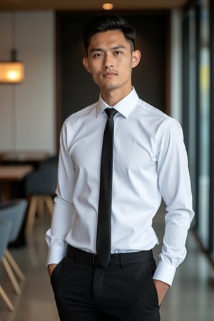 A handsome Malay man with a nice hairstyle stands in an office setting, wearing a crisp white office shirt, black pants, and a necktie. He exudes confidence and professionalism, his attire perfectly tailored for a business environment. The office backdrop features modern decor and subtle lighting, enhancing the polished look of his ensemble. His poised demeanor and sharp attire make him a striking figure in the corporate setting.