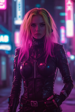 A stunning beauty with blonde and pink hair, standing in a neon-lit cyberpunk cityscape. She wears a sleek, futuristic outfit with glowing accents, framed in a dynamic mid-shot. The scene is illuminated by vibrant, contrasting colors, with a mix of artificial and natural light. Her pose is confident and stylish, capturing the essence of cyberpunk aesthetics.