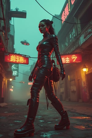 A retro-futuristic scene of a woman in a dystopian world. She wears a sleek, metallic outfit with digital patterns and neon accents, blending 1980s fashion with futuristic elements. The environment is a blend of old-world architecture with futuristic decay, featuring crumbling buildings and neon signs. Harsh, dramatic lighting highlights her figure and the eerie atmosphere. The composition frames her in a determined pose, with a backdrop of flying vehicles and holographic advertisements, capturing the blend of nostalgia and dystopian innovation.