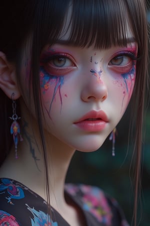 Hyper-realistic anime aesthetic portrait of a girl wearing spooky and unique fantasy fairy Halloween makeup on her face, close-up shot, soft lighting, radiant skin, expressive eyes, dynamic pose, spooky background, vibrant colors, dynamic composition, professional photography.