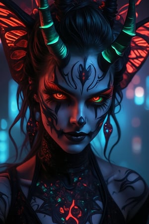 A close-up shot of a stunning Oni woman with colorful, creepy Halloween makeup, exuding a sense of glory and power. Her dark, intricate tattoos and glowing neon accents in her horns and eyes stand out against the eerie makeup. The scene is dimly lit, with neon lights casting a soft glow on her face, highlighting her striking features. She has a confident, slightly smirking expression, capturing the essence of beauty and darkness in a dramatic, high-contrast composition.