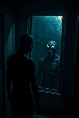 A spooky, dimly lit room with a large, antique mirror. The Venom stands before it, his reflection twisted and unsettling. His eyes glow with an eerie light as he stares into the mirror. The room is filled with shadows and cobwebs, enhancing the creepy atmosphere. The mirror's surface shimmers with an unnatural glow, reflecting a ghostly image of the Venom. The composition is centered on the mirror, with the Venom slightly off-center, creating a sense of unease.