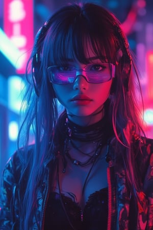 A striking Asian girl stands in a vibrant cyberpunk setting, adorned in Harajuku fashion with glossy lips. Her outfit features bold, eclectic patterns and neon colors, blending traditional Japanese elements with futuristic tech. The scene is framed in a close-up, focusing on her expressive face and glossy lips. The lighting is a mix of cool blues and warm pinks, creating a high-contrast, glossy effect that highlights her unique style.,NijiMax