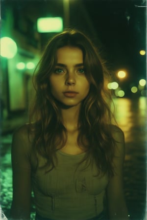 A Polaroid snapshot captures a Spanish girl, her light brown hair a wild tangle, face rounded and eyes shining bright green. She stands tall in a nighttime metropolis, jacket-clad, as camera flash illuminates her figure against dark urban backdrop. Jewel tones dance across the scene, futuristic and romantic. The image is blurred, out of focus, with motion captured, imbuing it with dreamy quality. The black and white print, developed at night with ISO 100, adds to the nostalgic haze, a hazy portrait of enchantment.