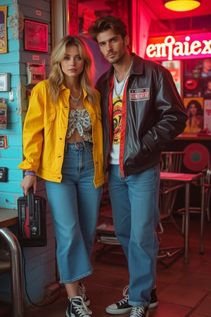 A woman and a handsome man in their late 20s, standing together in a vibrant 1980s-1990s setting. The woman wears retro fashion with bold colors and patterns, while the man sports a stylish leather jacket and high-top sneakers. They are surrounded by cultural references like cassette tapes, vinyl records, and neon signs. The scene is brightly lit with a nostalgic glow, capturing the essence of the era's music, fashion, and pop culture. The composition frames them in a dynamic pose, with the woman holding a boombox and the man striking a cool stance.