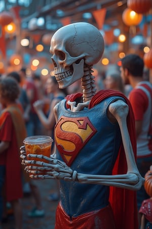 A detailed scene of a skeleton dressed in a Superman costume, standing at a lively Halloween party. The skeleton's bony fingers are gripping a plastic cup, and its skull is partially covered by the Superman mask, revealing its jawbone. The party is vibrant with colorful decorations, and guests are dressed in various costumes. The skeleton is positioned centrally, with the party ambiance extending symmetrically on both sides. Bright, festive lighting highlights the skeleton's costume and the energetic atmosphere of the event.