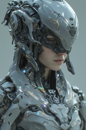 A mesmerizing close-up shot of a matte polycarbonate surface, polished to perfection, reflects a girl clad in a stunning cybernetic suit that seems to blend into the material's gentle sheen. The translucent suit's intricate details - glowing circuits, iridescent plates, and fiber-optic strands - shimmer beneath soft, ethereal lighting, casting subtle shadows that enhance the overall futuristic ambiance. The composition is centered, framing the girl's slender form within the cybernetic armor, as if suspended in a virtual world.,bladesxhan23