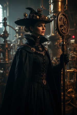 A steampunk ambience with a unique, black-clad witch in the foreground, surrounded by intricate gears and brass machinery. The scene is illuminated by dim, ambient lighting, casting eerie shadows. The witch is dressed in a Victorian-era outfit with a black cloak and hat, holding a staff adorned with gears. The background features a steam engine and various mechanical contraptions. The composition is balanced, with the witch in the center, framed by the detailed steampunk environment.