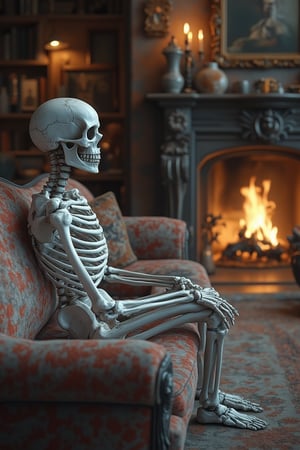 A detailed scene of a skeleton sitting alone on a plush couch in a cozy living hall. The living hall is warmly lit with a fireplace crackling in the background, and antique furniture scattered around. The skeleton's bony fingers are resting on its knee, and its skull is slightly tilted, giving a sense of contemplation. The couch is positioned centrally, with the living hall's interior extending symmetrically on both sides. Soft, warm lighting highlights the skeleton's intricate bone structure and the inviting ambiance of the room.