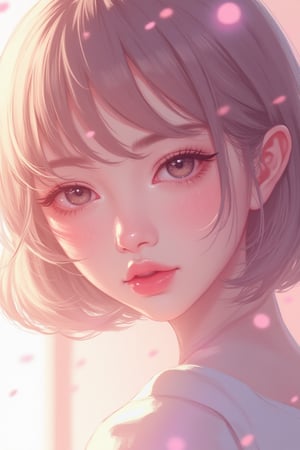 A pretty girl is depicted in the NijiMax style, with soft pastel colors and expressive eyes. The lighting is gentle, highlighting her delicate features. The composition centers on her face, capturing the whimsical and dreamy essence of the NijiMax art style.