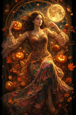 A dreamy Art Nouveau scene in the style of Alphons Mucha, depicting a woman in a flowing, ornate dress with intricate floral patterns. She lies in a peaceful slumber, surrounded by ethereal Halloween elements: a full moon casting a soft glow, pumpkins and autumn leaves scattered around. The composition is centered on her serene face, with the moon above and the Halloween decor framing her. The lighting is soft and magical, enhancing the dreamlike atmosphere.