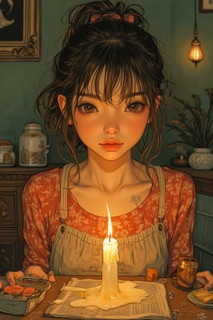 A serene scene in Yuko Shimizu's art style, featuring a girl observing a melting candle on a table in a room. The framing captures her from the waist up, with her contemplative expression and the flickering candle prominently displayed. The lighting is soft and warm, reflecting the intimate atmosphere and her thoughtful mood. The composition is centered on her, with the candle and the surrounding room creating a sense of tranquility and introspection. The location is a cozy indoor space, with the girl's presence and the melting candle adding to the peaceful scene.