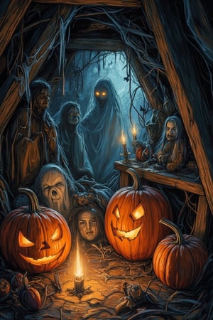 A spooky art drawing of Halloween decorations set up in a dimly lit, cobweb-filled attic. The scene features jack-o'-lanterns with eerie grins, hanging bats, and ghostly figures. The lighting is low, with only a few flickering candles casting an ominous glow. The composition is cluttered, with decorations scattered throughout the attic, creating a chaotic and spooky atmosphere. The framing is wide, capturing the entire eerie setup.