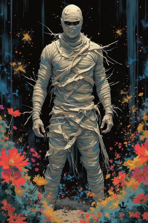 A manga-style illustration featuring a cool mummy, inspired by Yakuza Kamui and Georgia O'Keeffe's art. The mummy stands confidently, wrapped in bandages, against a backdrop of abstract, vibrant desert flowers. The lighting is dramatic, casting sharp shadows, emphasizing the mysterious and powerful presence of the mummy. The composition is centered on his cool demeanor, blending traditional and abstract elements.