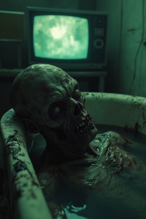 A zombie slumped in a decrepit bathtub, waterlogged and decaying, dimly lit bathroom with a flickering TV in the background, zombie's hollow eyes fixated on the screen, eerie greenish light from the TV reflecting off the water, dramatic close-up shot focusing on the zombie's distorted face, tense and unsettling atmosphere.