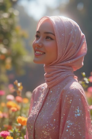 3D CG rendering of a pretty Malay woman in a garden, close-up shot, wearing a hijab and baju kurung with glitter effects, soft natural lighting, happy expression, and a lush, blooming garden background.