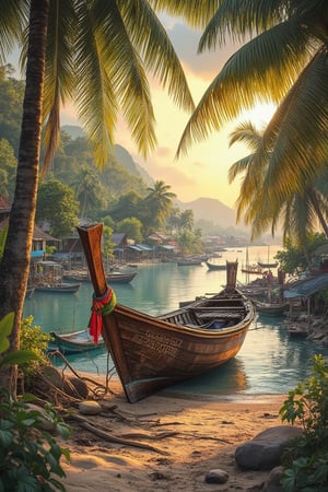 A digital scenery of a traditional Malay prau resting on a beach, surrounded by coconut trees and the backdrop of a fisherman village. The prau is detailed with intricate carvings, and the beach is scattered with fishing nets and gear. The composition is balanced, with the prau in the foreground and the village in the background. The lighting is warm, with the golden hour sun casting a soft glow over the scene, creating a serene and picturesque atmosphere.