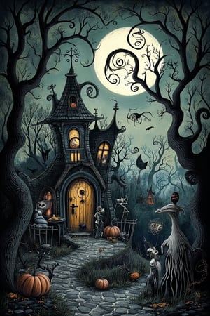 A Tim Burton-style shot of a creepy, gothic Halloween decoration. The decoration features twisted, eerie figures and dark, intricate patterns. The background is a surreal, eerie landscape with twisted trees and a full moon. The lighting is dramatic, with strong contrasts between light and shadow. The composition is centered, focusing on the decoration's mysterious and unsettling details. The scene is filled with a sense of foreboding and whimsy, typical of Tim Burton's style.