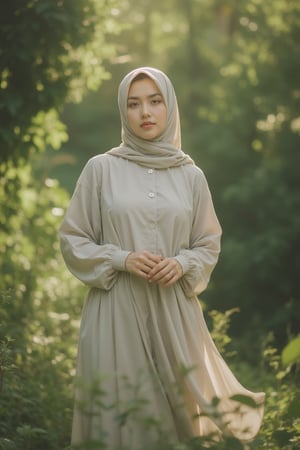 A serene outdoor setting with a Malay woman wearing a plain long loose hijab and a loose abaya, her expression calm and composed. The scene is bathed in soft, natural light, with sun rays filtering through the trees, casting gentle shadows. The woman stands with a relaxed posture, her hands gently clasped in front of her, surrounded by lush greenery. The composition captures her serene demeanor, framed to highlight her peaceful expression and the flowing fabric of her attire.