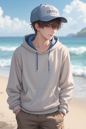 Anime style, exquisite male character, wearing a blue cap with ORKED written on it, hoodie, and cargo pants, cheeky smile, beach setting, medium shot, detailed facial features, expressive eyes, soft pastel colors, gentle lighting, relaxed posture, focus on the character's playful and charming demeanor, slight breeze, emphasis on the casual and laid-back atmosphere.