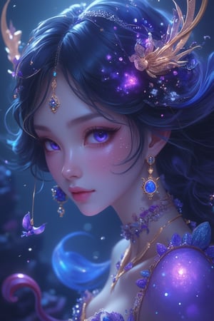 A magical surreal Niji style artwork, featuring a close-up of a mermaid, illuminated by blue, purple, and gold hues. The scene is set in a fantastical underwater world, with whimsical sea creatures and vibrant coral reefs in the background. The mermaid's face is prominently displayed, her eyes and features highlighted with blue, purple, and gold accents, creating a dynamic and enchanting composition. The lighting is surreal, with blue, purple, and gold tones casting a dreamlike and mystical atmosphere.