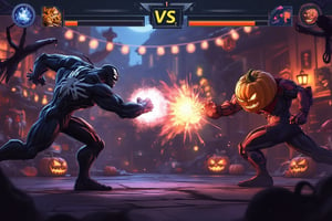 A dynamic fighting game UI for PC, featuring a large VS fight on screen with Venom and a Halloween Pumpkin in a high-stakes battle at a Halloween party. Venom, in his black and white symbiote suit, lunges forward, while the Halloween Pumpkin, with glowing eyes, readies its attack. The party's festive decorations, with jack-o'-lanterns and cobwebs, provide a spooky backdrop. The UI includes health bars, special move indicators, and a timer, all set against a vibrant, Halloween-themed background. The composition captures the intense clash, with both characters mid-action, surrounded by swirling energy and party decor.