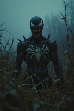 Photo-realistic 60's style of a gloomy scene featuring a Venom figure, dimly lit with shadows cast by a single light source. The Venom figure stands in a field of tall, twisted grass and thick underbrush. Close-up shot, low-key lighting, emphasizing the eerie atmosphere. The Venom's face is partially obscured by shadows, its eyes wide and unsettling. The scene is filled with dark, foreboding elements, adding to the haunting mood.