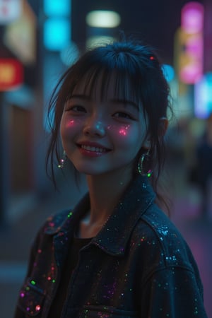 3D CG rendering of a Japanese girl walking in the dark, close-up shot, wearing a flannel with glitter effects, soft ambient lighting, smiling expression, and a shadowy, urban background.