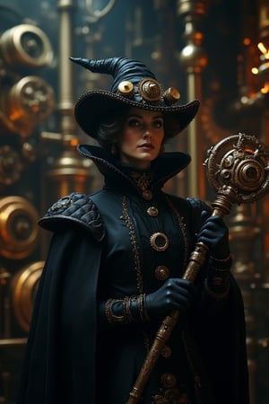 A steampunk ambience with a unique, black-clad witch in the foreground, surrounded by intricate gears and brass machinery. The scene is illuminated by dim, ambient lighting, casting eerie shadows. The witch is dressed in a Victorian-era outfit with a black cloak and hat, holding a staff adorned with gears. The background features a steam engine and various mechanical contraptions. The composition is balanced, with the witch in the center, framed by the detailed steampunk environment.