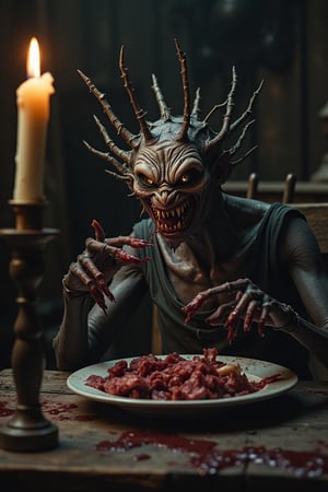 A creepy, thorny creature sits at a rickety table in a dark, eerie room, having a breakfast of raw meat. The creature has a twisted, unsettling smile and eerie, glowing eyes. The room is dimly lit with flickering candles, casting long shadows and adding to the sense of unease. The creature's sharp, thorn-covered limbs are visible as it tears into the raw meat with its jagged teeth. The composition is tight, focusing on the creature's grotesque visage and the bloody meal, with the dark, twisted environment adding to the overall atmosphere of dread.