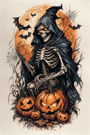 A colorized tattoo art style image of a grim reaper skeleton in a halloween-themed setting, drawn on a piece of paper sheet. The skeleton is intricately detailed with glowing eyes and a menacing expression, surrounded by eerie halloween elements like pumpkins, bats, and cobwebs. The tattoo is vibrant, capturing the spooky atmosphere of Halloween. The composition is dynamic, with the grim reaper's cloak flowing and the skeleton's bones appearing ghostly. The lighting is dark and moody, emphasizing the horror elements. The paper sheet is slightly wrinkled, showcasing the bold and detailed tattoo.