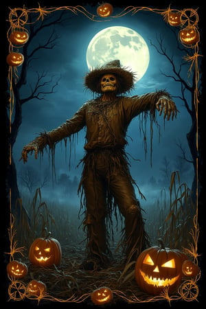 A Halloween playing card featuring a scarecrow. The scarecrow, dressed in tattered clothes and a straw hat, stands amidst a field of cornstalks under a full moon. The background is a spooky night with swirling fog and eerie trees. The card is framed with a border of jack-o'-lanterns and cobwebs. Soft, eerie lighting casts dramatic shadows, creating a haunting and atmospheric scene.