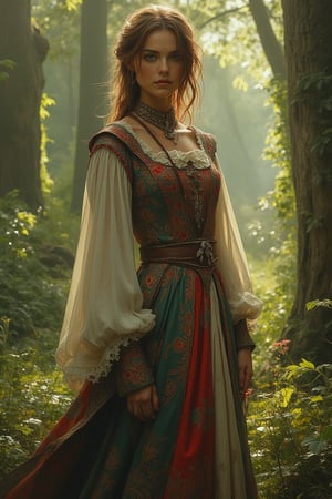 A woman stands elegantly in a flowing, medieval-style dress, her attire adorned with intricate patterns and vibrant colors. The dress billows gently in the breeze, revealing its layered design and delicate fabric. The scene is set in a lush, enchanted forest, with sunlight filtering through the trees, casting a warm glow on the woman's serene expression. The composition frames her in a graceful, poised pose, highlighting the beauty and craftsmanship of her attire.