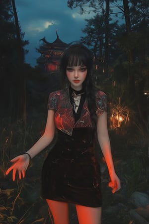 A haunting masterpiece! In a 4K/8K cinematic shot, a tall woman with pale skin and black hair stands amidst a dark forest on a stormy night. Her long locks are styled in a side braid, with blunt bangs framing her ugly face featuring droopy, unclear eyes with a hint of ruby red heterochromia. Black eyeliner and shadow accentuate her features. She wears a jiangshi-inspired China dress with a sheath-like skirt, adorned with fangs and an ofuda, evoking a sense of horror. Her slender frame seems to be frozen in fear as she gazes directly at the viewer from a cowboy shot perspective, one hand posed like a claw, as if ready to pounce or defend herself against the unknown.,Pixomeda style,Acrylic Gouache 