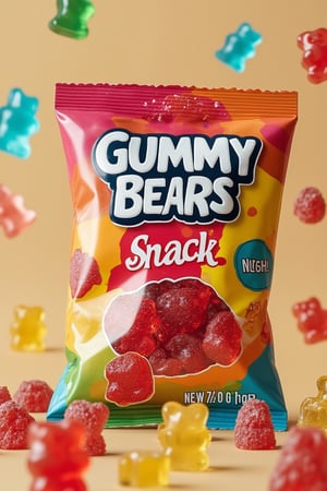 A mockup of the GUMMY BEAR snack packaging, featuring a vibrant and eye-catching design. The product is prominently displayed in the frame, with dynamic lighting and a lively background enhancing its appeal. The composition includes bold, colorful elements and a playful layout, creating an energetic and engaging presentation. The overall atmosphere is vibrant and fun, highlighting the gummy bears' delicious flavor in a dynamic photoshoot setting.