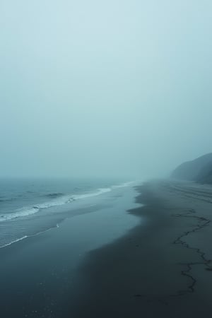 A vast, empty liminal space, a wide ocean stretching endlessly in all directions. The horizon is barely visible, blending the sky and sea into a hazy, undefined boundary. The composition is wide-angle, capturing the vastness and solitude of the scene. The lighting is soft and diffused, with a muted palette of blues and grays. The ocean is calm, with gentle waves lapping at the shore, creating a serene yet eerie atmosphere. The location is a deserted, otherworldly coastline, evoking a sense of mystery and isolation.